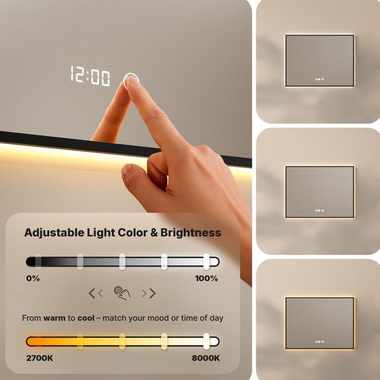 Mirlux Miroir de salle de bain avec éclairage LED et chauffage - Miroir mural rectangulaire - Miroir de douche anti-condensation - 80x60CM - Noir
