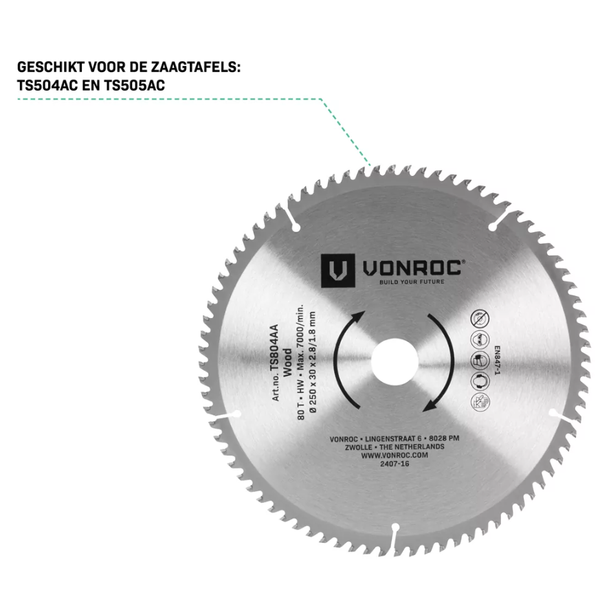 Lame de scie 80T - Ø 250 x 30 x 2.8/1.8mm | pour tables de sciage VONROC TS504AC, TS505AC et universelles