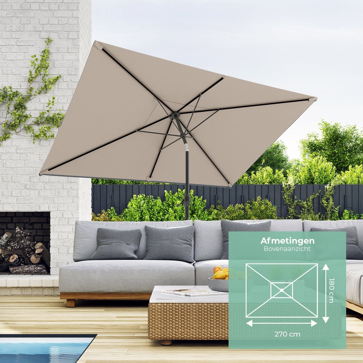 Parasol Lifegoods - 270x180cm - terasse et jardin -30° inclinable - imperméable - avec housse - Taupe
