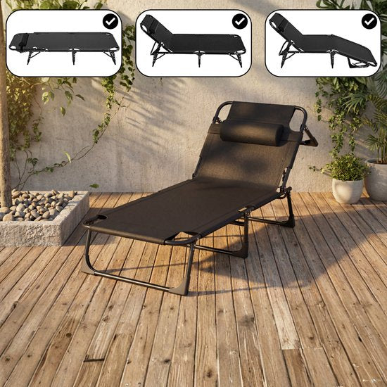 Outbee Lounger - Chaise longue - Lit de soleil - 190x55x30 cm - Pliable - Réglable - Résistant aux intempéries - Noir