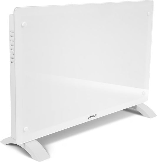 VONROC Chauffage électrique de luxe - Convecteur avec panneau en verre - 1000W/2000W - Chauffe les pièces jusqu'à 24m2 - Contrôlé par l'application (via Wifi) et manuellement - Thermostat et minuterie réglables - Blanc