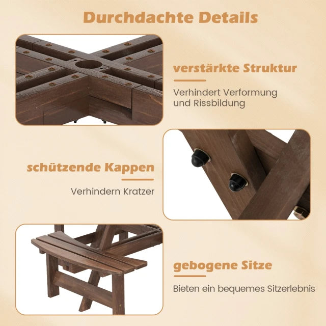 Ensemble de table de pique-nique Coast - 166,5 x 166,5 x 76 cm - 8 personnes - Bois - Trou pour parasol - Marron