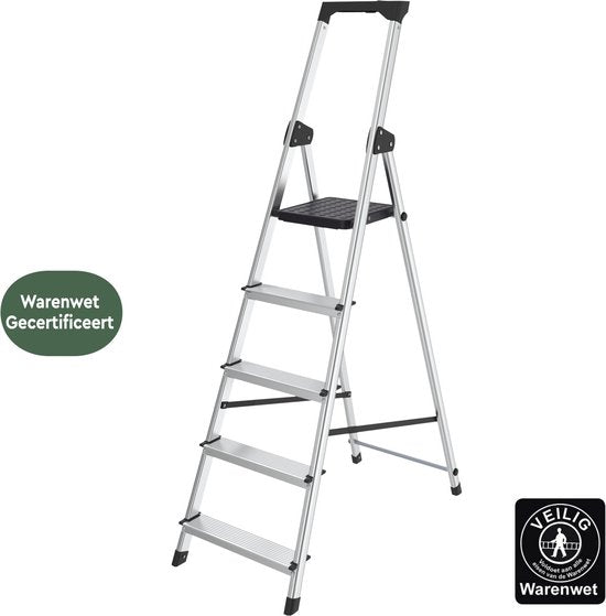 BRASQ Household Ladder 5-Step Silver - Échelle de cuisine pliable en aluminium pour usage privé et professionnel - Échelle - Antidérapante