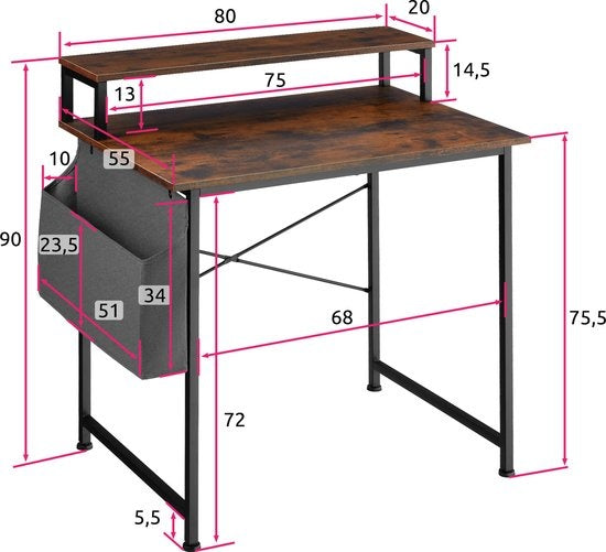 tectake® - Everett desk - largeur 80 cm - avec étagère et organiseur - table d'ordinateur - brun foncé - 404662