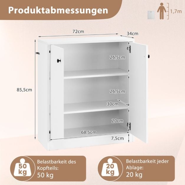 Buffet Coast blanc – Meuble de rangement moderne à 2 portes et 3 étagères – 72 x 34 x 85,5 cm