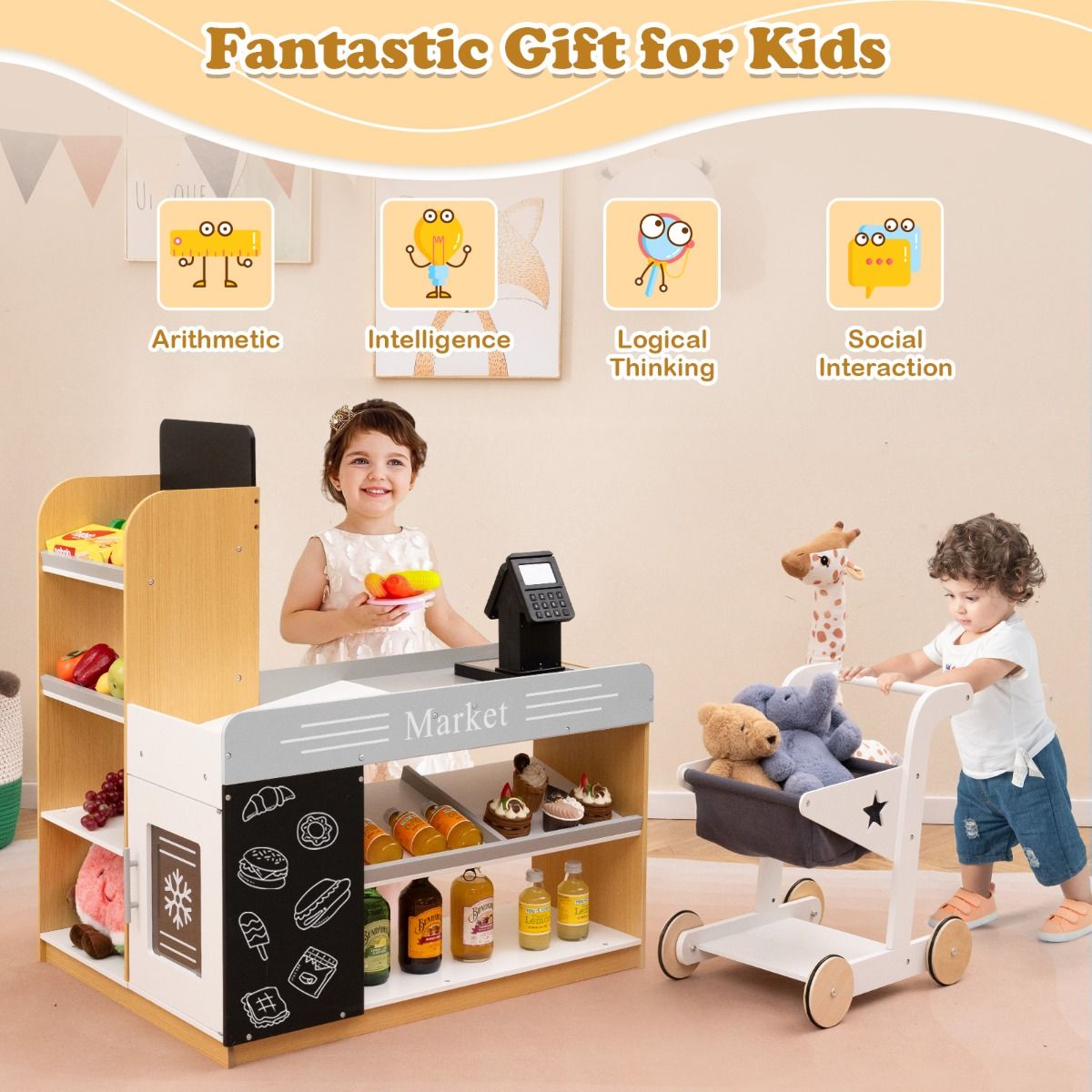 Ensemble de jeu « Coast » en bois sur le thème du supermarché pour enfants - Avec caddie et caisse - Avec tableaux noirs - Multicolore