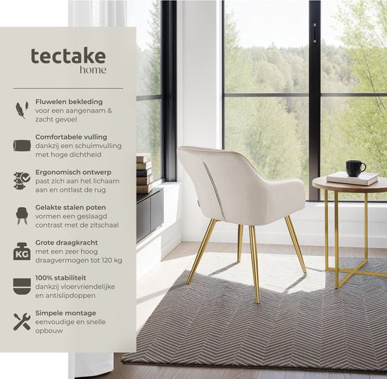 tectake® Marilyn Dining Chair - Avec accoudoirs - Chaise élégante avec assise en velours rembourrée - Tapissée - Pieds en métal doré - Chaise de cuisine ergonomique - Chaise pour salon, salle à manger et chambre à coucher - Taupe