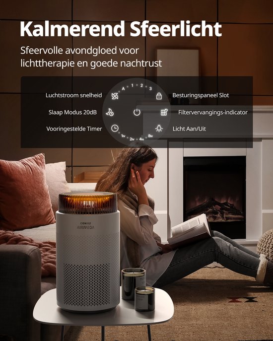 Purificateur d'air Coway Airmega 100 - Pour des pièces jusqu'à 63 m² - Filtre HEPA + filtre à charbon - 244 m³/h - Contre la poussière, le pollen et les allergènes - Silencieux (20 dB) - Certifié ECARF - Purificateur d'air -