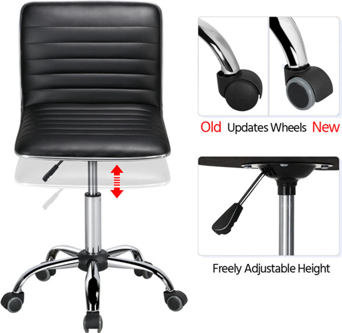 Chaise de bureau Yaheetech sans accoudoirs et chaise pivotante, capacité de charge de 120 kg, réglable en hauteur – Noir – Simili cuir PU et acier