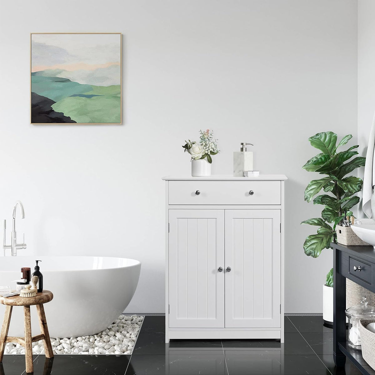 Armoire de salle de bain Yaheetech 60 x 30 x 80 cm - Blanche - 2 portes - Grand tiroir - Étagères réglables