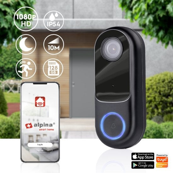 Alpina Smart Home Video Doorbell avec caméra et Wifi - Full HD - Interphone - Vision nocturne - Capteur de son et de mouvement - IP54
