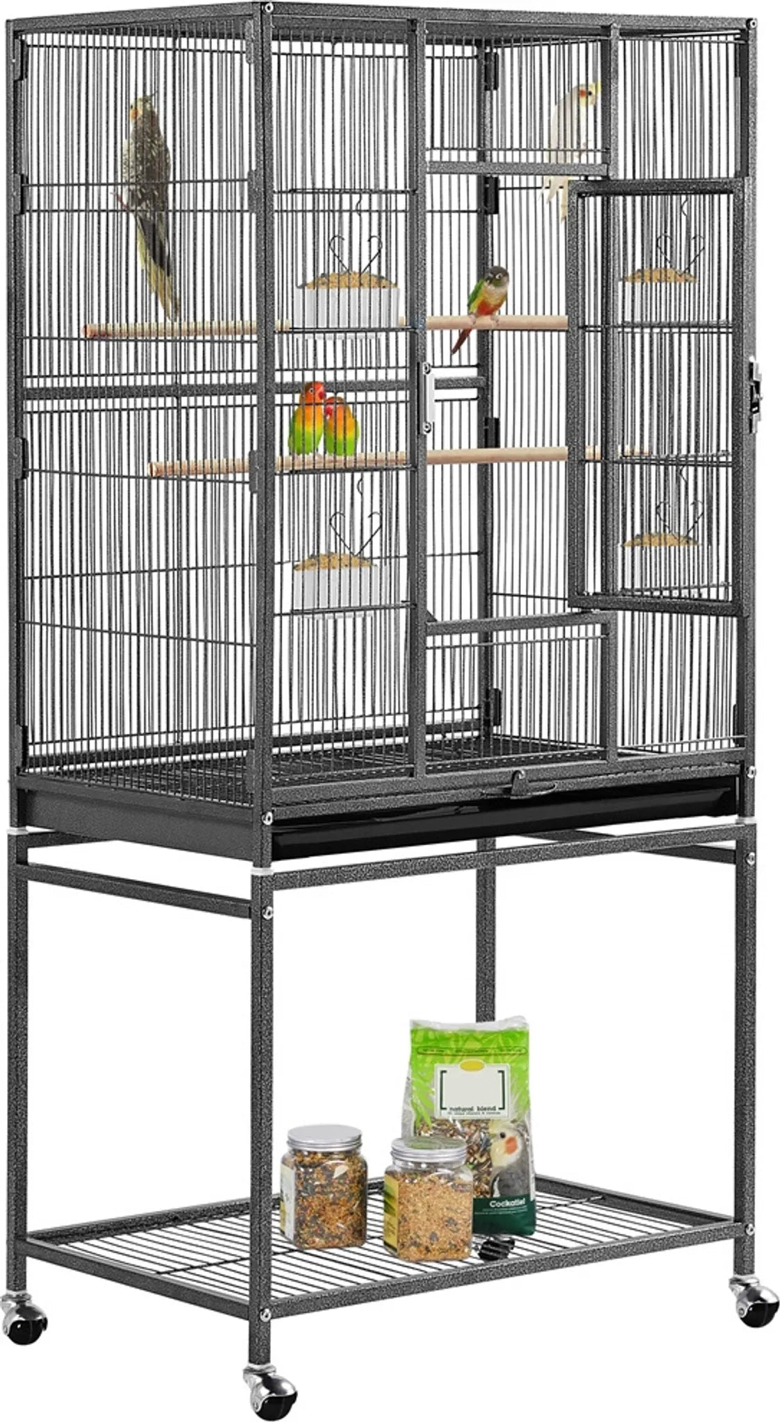 Yaheetech Cage à oiseaux avec base mobile - Avec tiroir amovible et étagère de rangement supplémentaire et 4 mangeoires - Pour perruches, pinsons et canaris - Métal noir peint par poudrage - 61 x 43 x 136 cm
