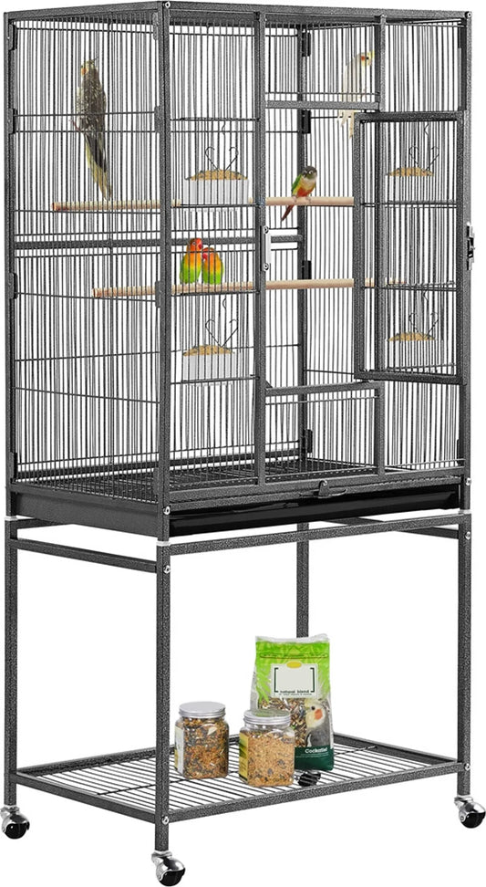 Yaheetech Cage à oiseaux avec base mobile - Avec tiroir amovible et étagère de rangement supplémentaire et 4 mangeoires - Pour perruches, pinsons et canaris - Métal noir peint par poudrage - 61 x 43 x 136 cm