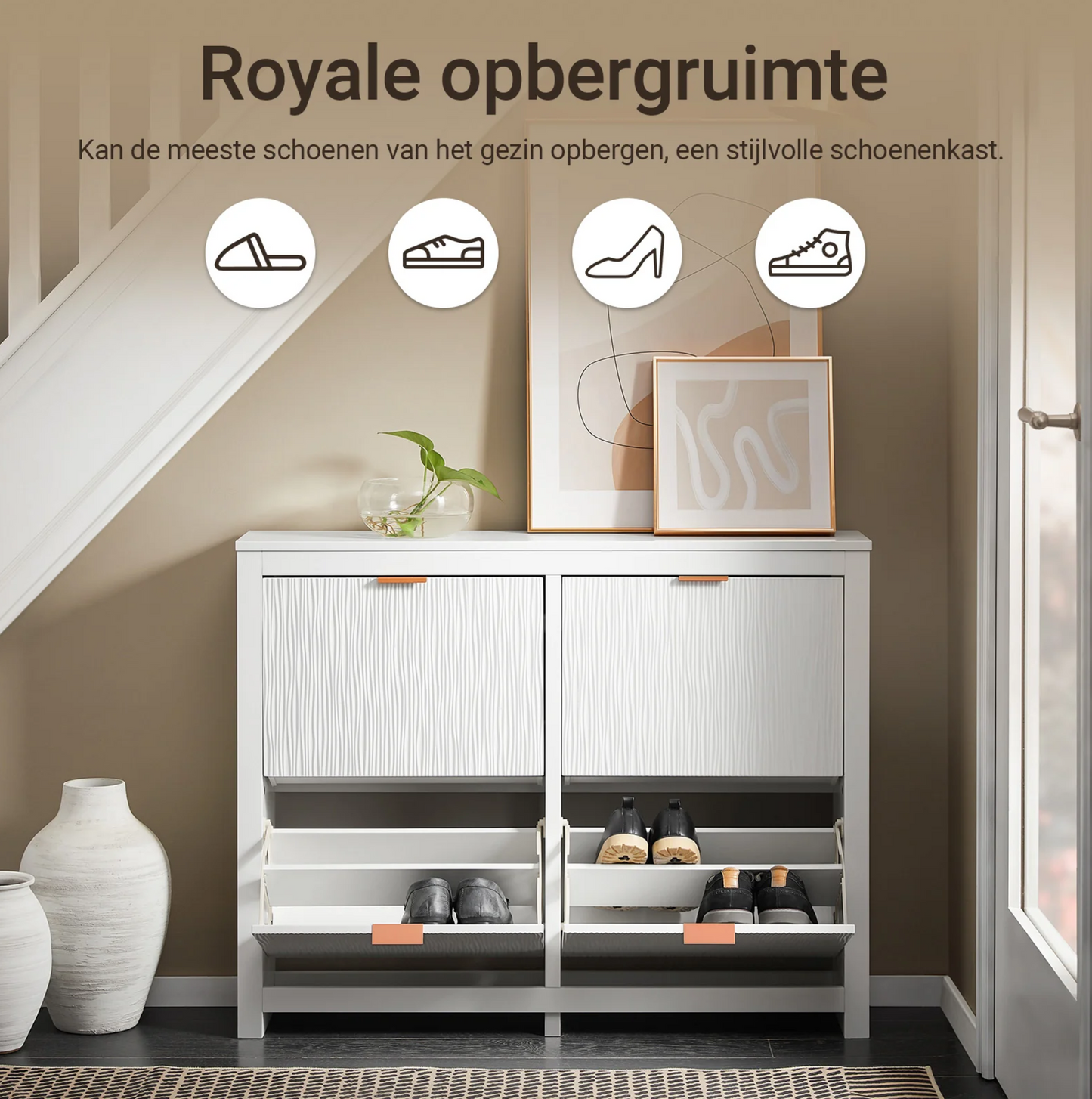 SoBuy FSR186-II-W Meuble à chaussures - Meuble de rangement étroit avec 4 abattants, compact et peu encombrant pour l'entrée et le salon - 104x23x82 cm - Blanc