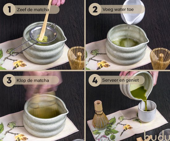 Budu Matcha set 7 pièces - Fouet à Matcha - Bol à Matcha - Fouet à Matcha - Kit de démarrage Matcha - Tamis - Set cadeau Matcha - Cadeau de Noël