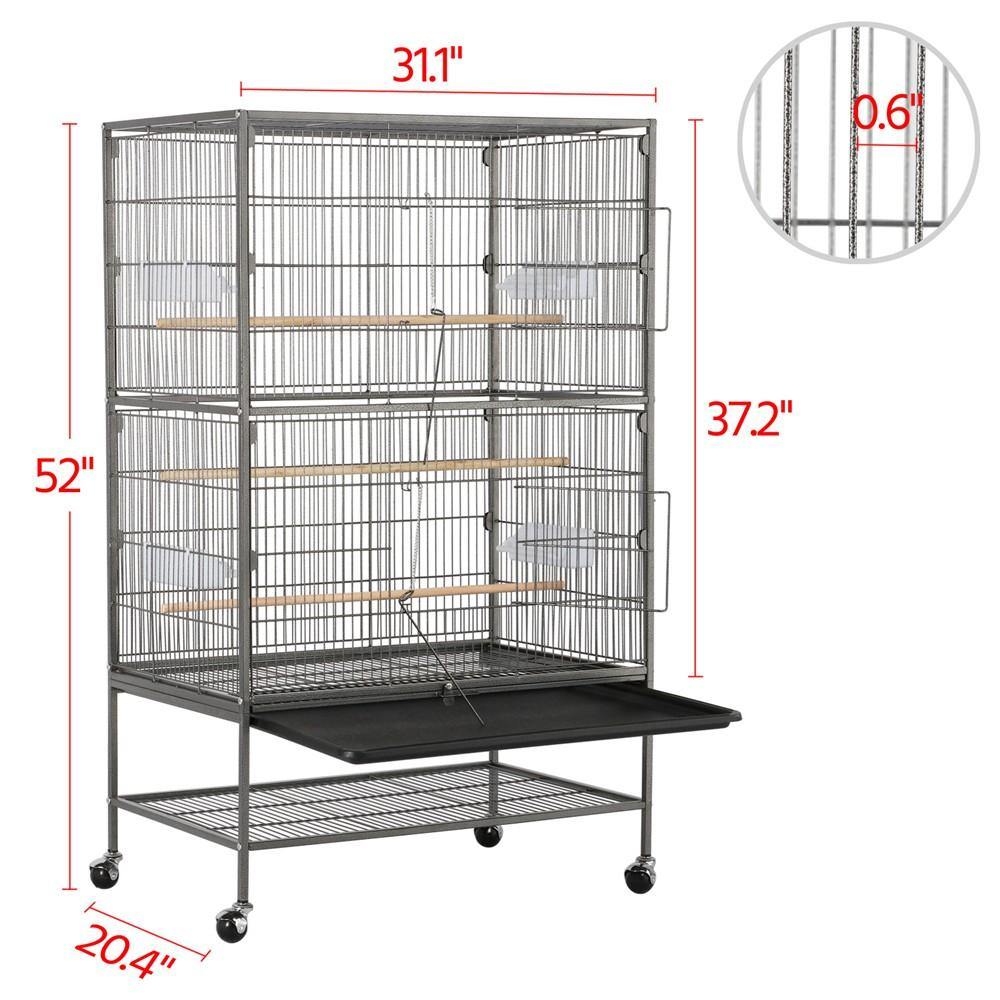 Cage à oiseaux Yaheetech 132 cm - Noire - Grande - Avec support - 3 perchoirs - 4 mangeoires - Sur roulettes