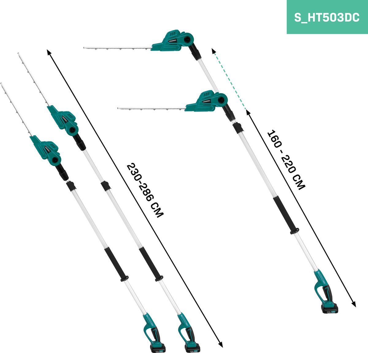VONROC Taille-haie Accu télescopique 20V - Lame inclinable - Réglable en continu - Vert