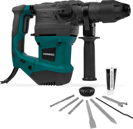 VONROC Marteau perforateur 1800W - 6 Joule - SDS plus - 4 Fonctions - Inclus 3 mèches SDS-plus et 2 burins SDS-plus