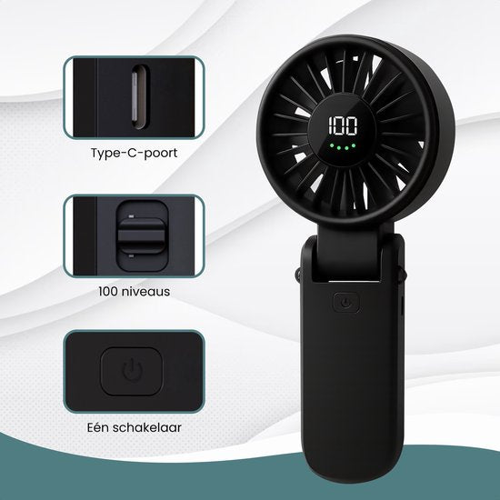 TTD® Hand Fan Rechargeable - Mini ventilateur - 5 étapes avec affichage numérique - 150 degrés de rotation - Tenez, posez ou accrochez à votre cou - USB-C Rechargeable - Batterie 5000 mAh