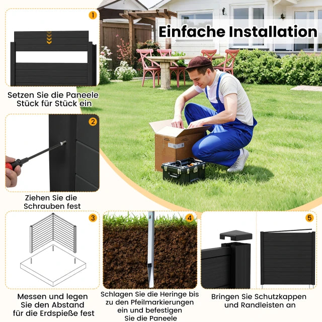 Coast Privacy Screen Black - Panneau de clôture extérieur en 2 parties avec poteaux métalliques au sol - 123 x 123 cm