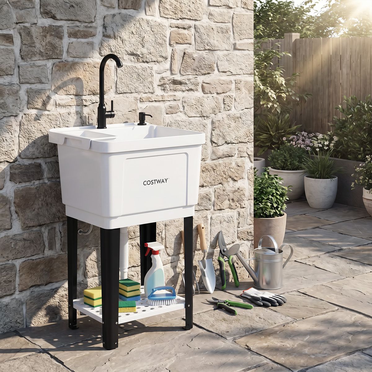 Lavabo à poser Coast - carré, en plastique - robinet pivotant à 360° - blanc/noir
