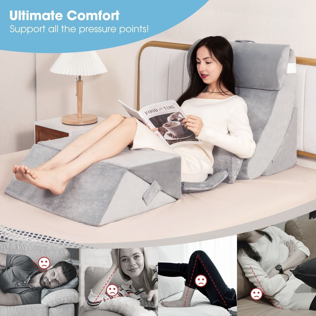 Coast Set de 7 coussins de lecture en mousse à mémoire de forme / coussins orthopédiques / housse lavable / ergonomique / gris