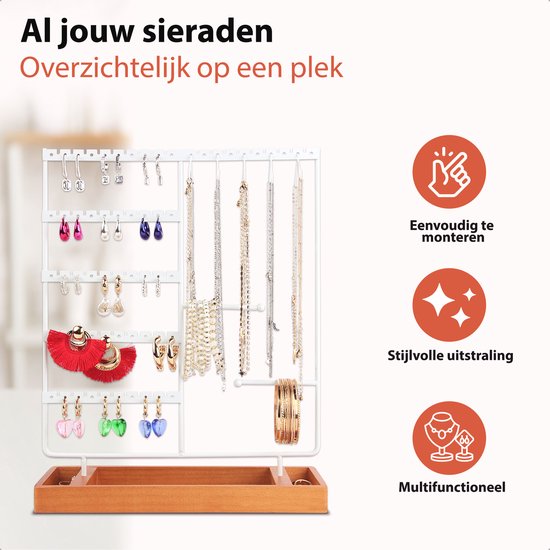 Posity Porte-bijoux - Porte-bijoux - Porte-boucles d'oreilles - Porte-bijoux - Pour colliers/bracelets/boucles/bijoux - Bois et métal - Blanc