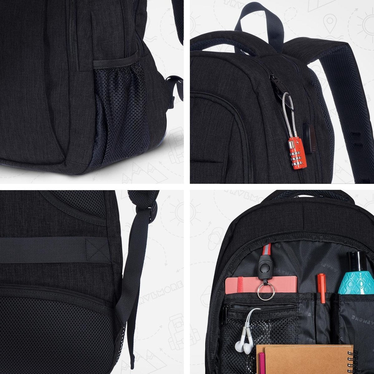 TRVLMORE Sac à dos - 28L - 15.6 inch - Sac à dos pour ordinateur portable - Sac d'école - Unisex - Splashproof Black