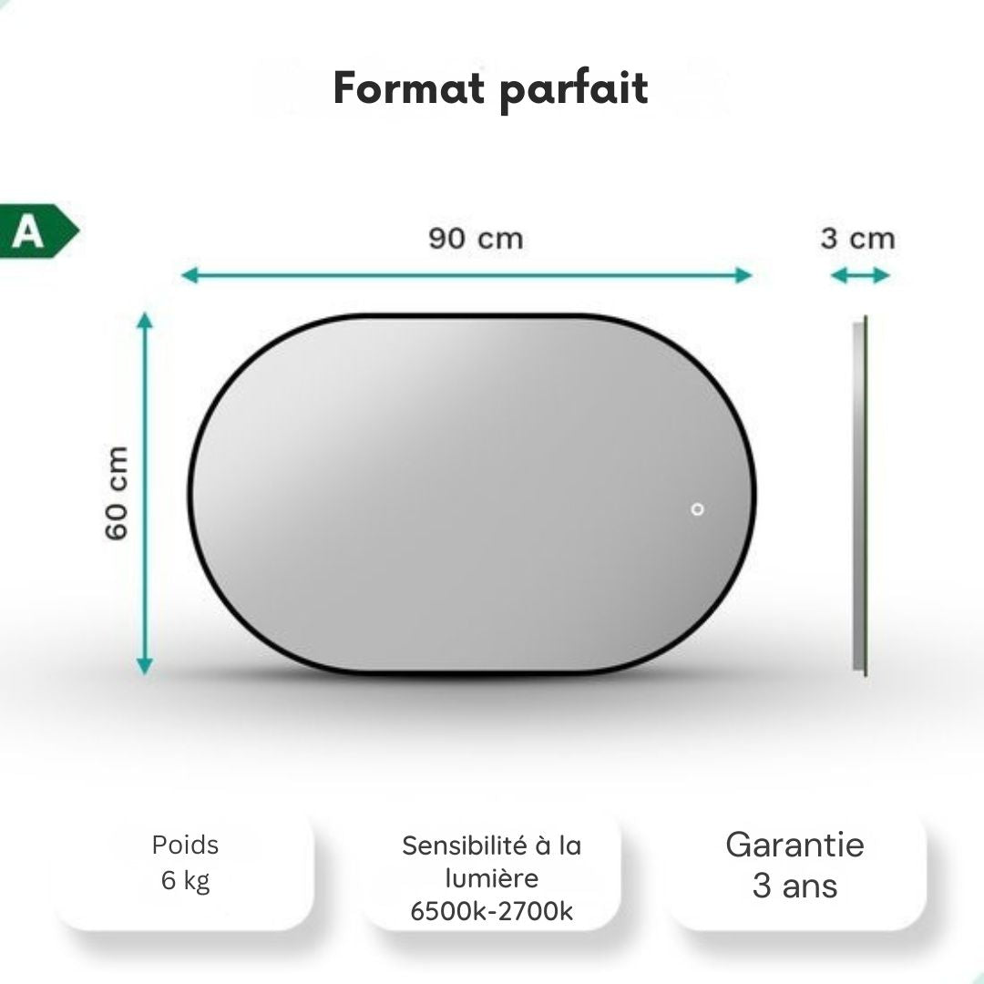 Miroir de salle de bain ovale - Mirlux - 90x60 cm - Eclairage et chauffage LED - anti-buée - Noir