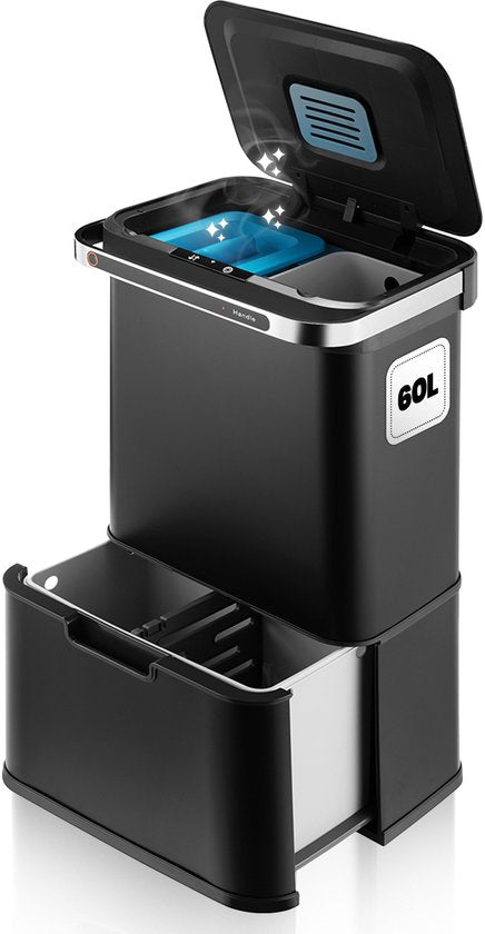 Poubelle Hom&Com à 3 compartiments, 60 L, noire – Poubelle automatique à capteur – Couvercle à fermeture douce, fonction ozone et filtre anti-odeurs pour le tri sélectif des déchets