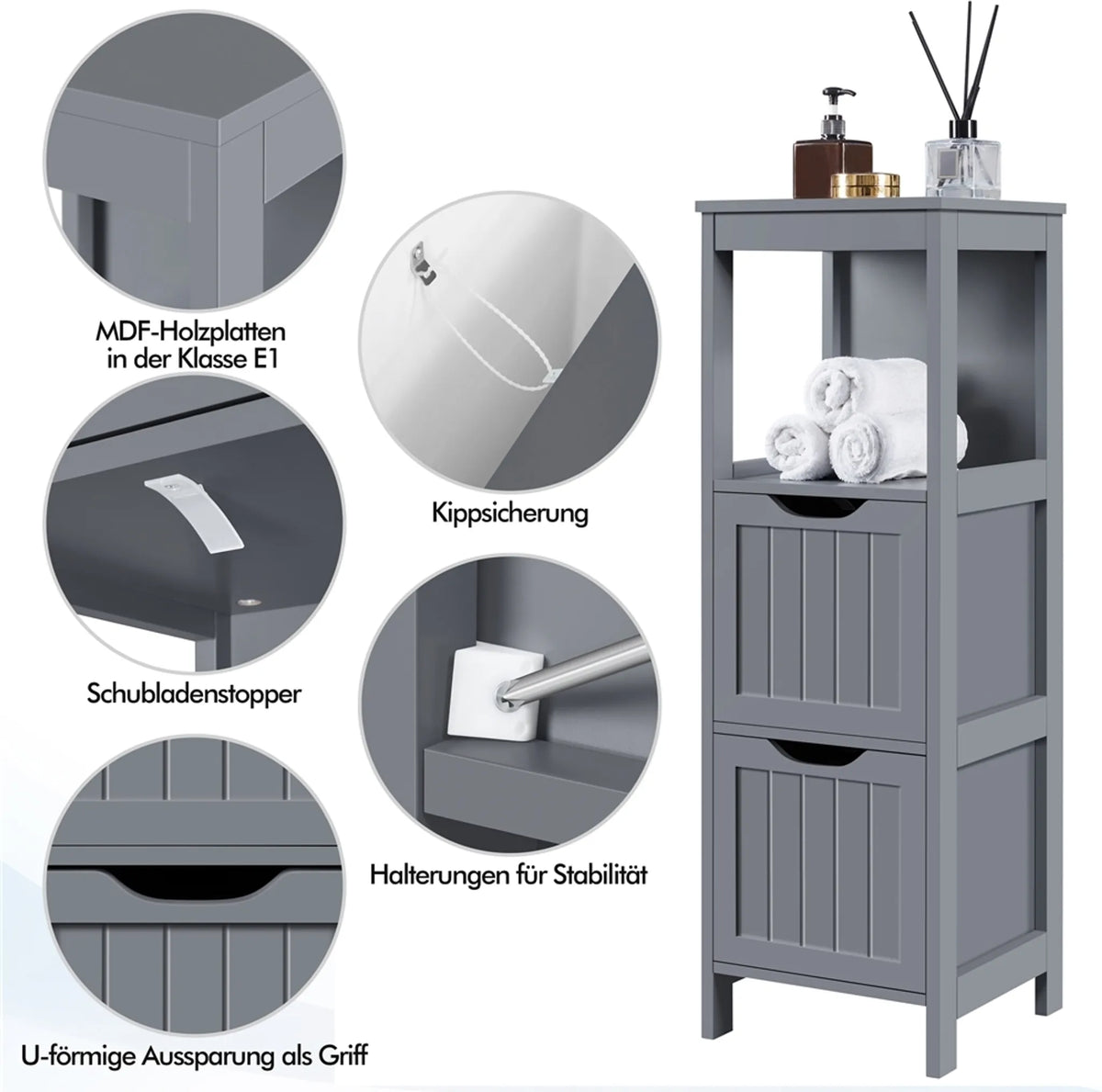 Yaheetech : armoire de salle de bains et meuble de rangement peu encombrant avec 2 tiroirs amovibles, hauteur 89 cm – gris foncé – MDF