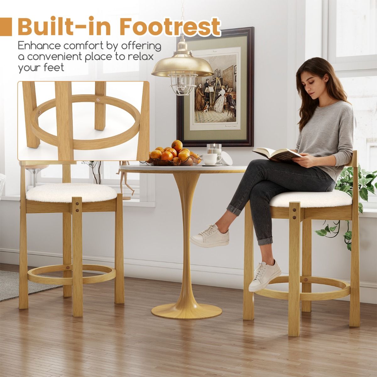 Ensemble de 2 tabourets de bar Coast - avec dossier et repose-pieds - assise en velours teddy - hauteur d'assise 62 cm - couleur naturelle et beige