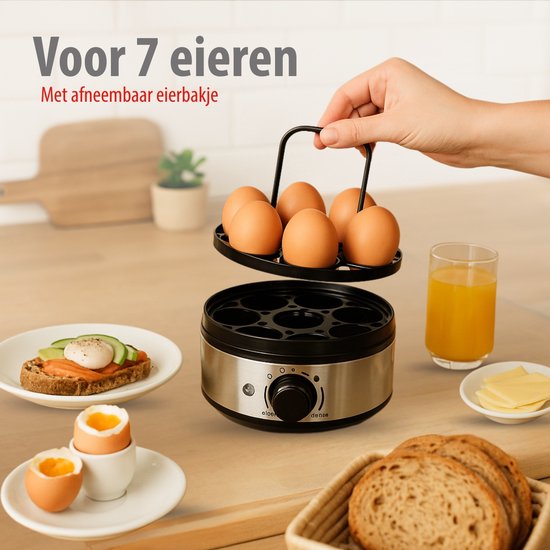 Cuiseur à œufs électrique Alpina 400 W – Cuiseur à œufs avec minuterie pour 7 œufs – Cuiseur à œufs avec gobelet doseur et pic – En acier inoxydable avec support à œufs amovible – Couvercle transparent