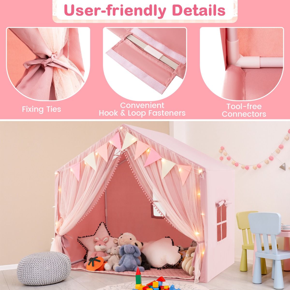 Tente de jeu pour enfants Coast - avec rideaux et guirlande lumineuse en forme d'étoiles - grande tente de jeu - rose