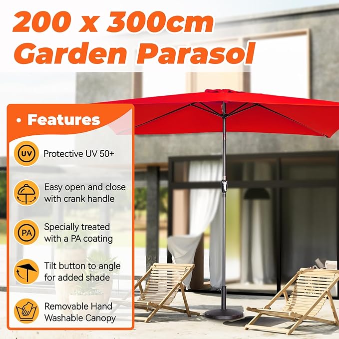 Angel Living Parasol de jardin - 2 x 3 m - Aluminium - Inclinable - Rouge