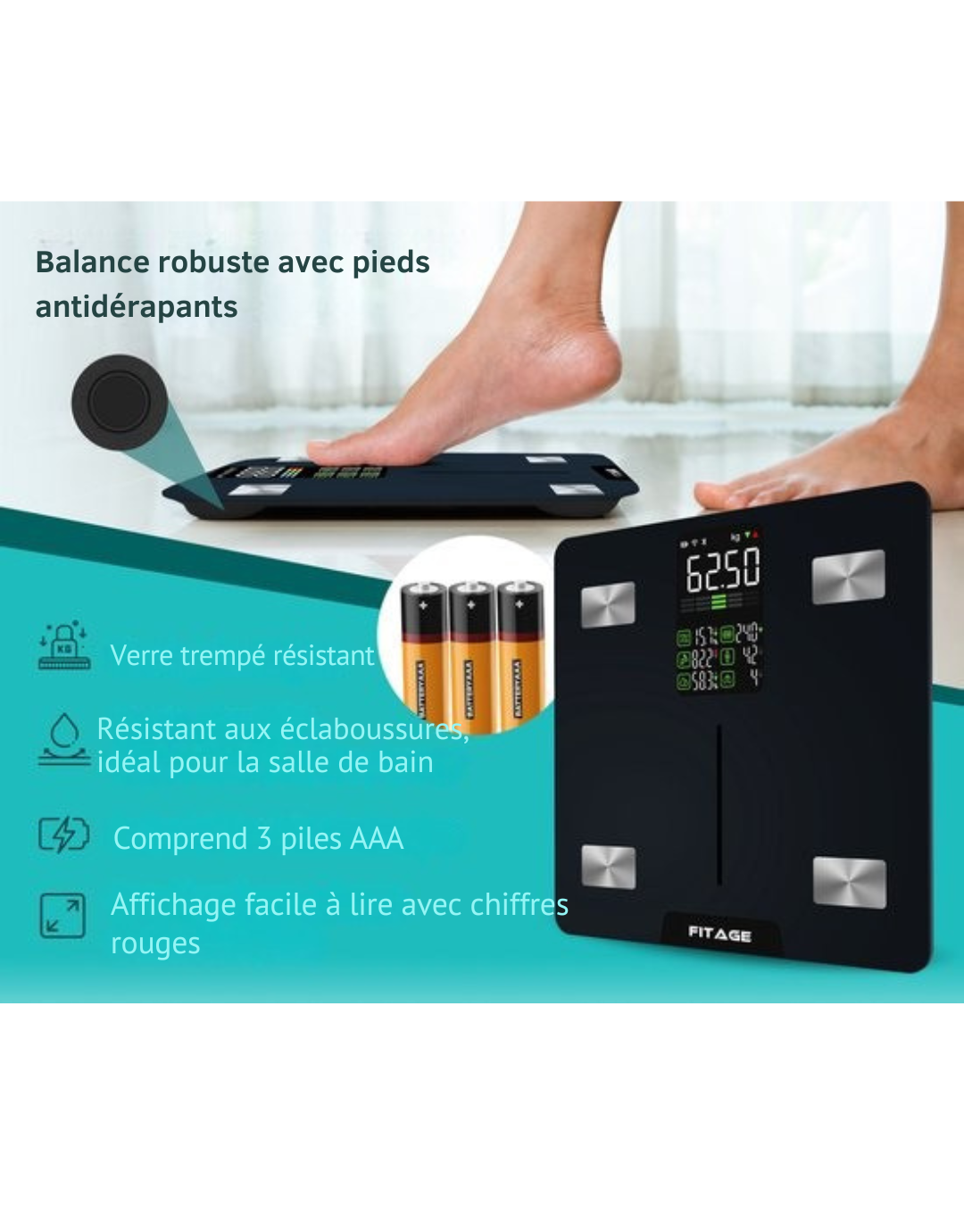 Balance personnelle numérique LED FITAGE - Balance intelligente avec analyse corporelle 17x - Balances - Application FITAGE