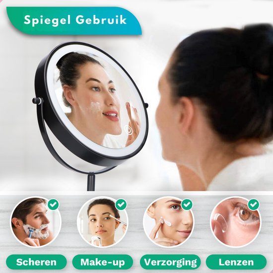 Mirlux Miroir de maquillage avec éclairage LED - lumière grossissante 10x - réglable en hauteur - 3 modes d'éclairage - rechargeable - Miroir grossissant noir