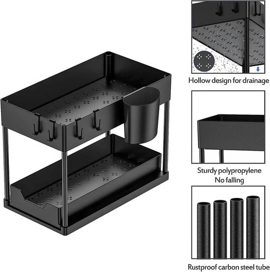 Nexxt Kitchen Cabinet Organiser - 2 Layers - Rack with Pull-out Drawer - Includes Hooks and Trays - Sink Organiser - Black