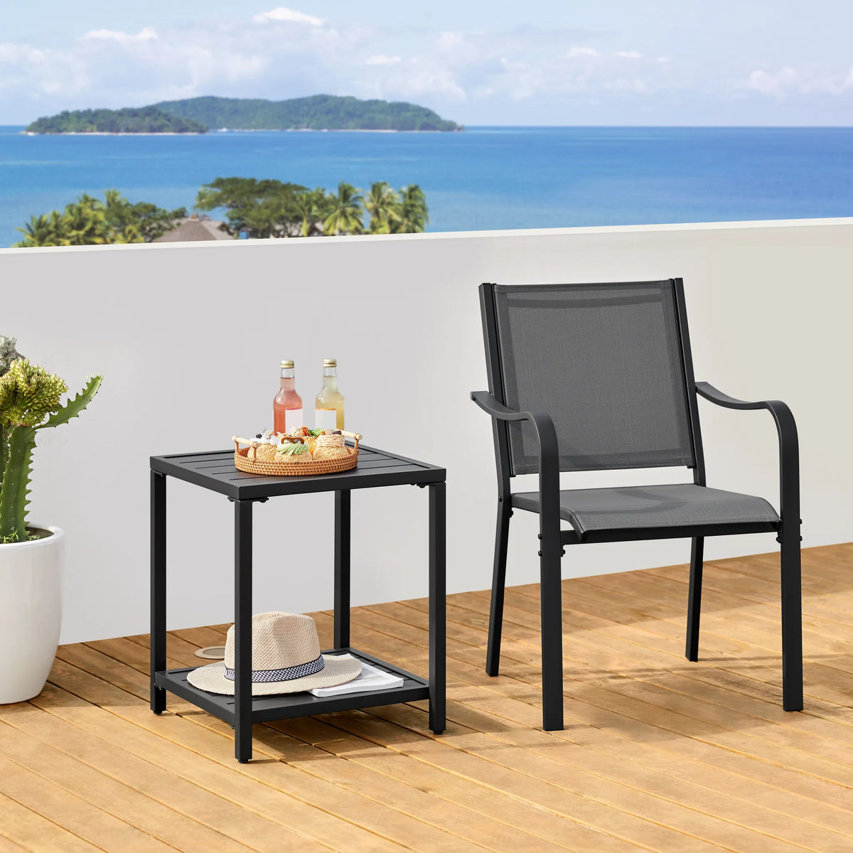 Yaheetech Table de jardin à deux niveaux, table d'appoint 45 × 45 × 54 cm, noire