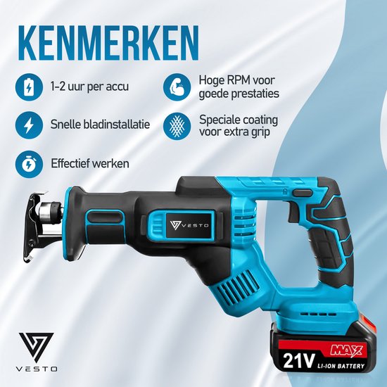 Vesto® Battery Reciprocating Saw - 21V Li-Ion - 2 batteries, lames de scie et étui inclus - course de 25 mm - pour bois, métal et plastique - système de changement rapide - sans fil