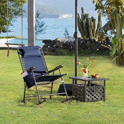 Fauteuil à bascule pliable d'extérieur Yaheetech - Bleu foncé - Fauteuil de détente avec oreiller et porte-gobelet
