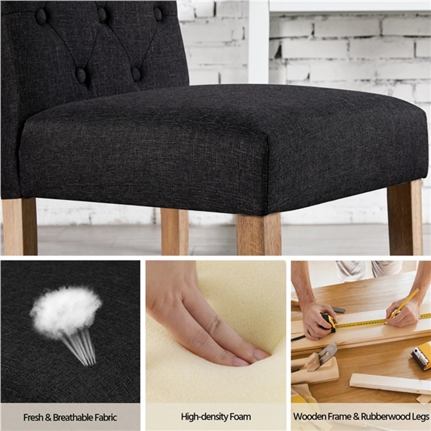 Yaheetech Chaise de salle à manger à dossier haut 2 pièces - avec dossier rembourré et pieds en chêne massif et pieds protecteurs réglables - pour cuisine et restaurant - polyester noir et chêne - 45,5 x 62 x 98,5 cm
