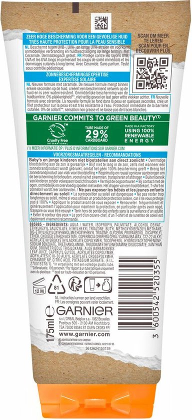 Garnier Ambre Solaire Sensitive Expert+ SPF50+ - Lait solaire hypoallergénique pour peaux sensibles avec Ceramide Protect - 175 ml