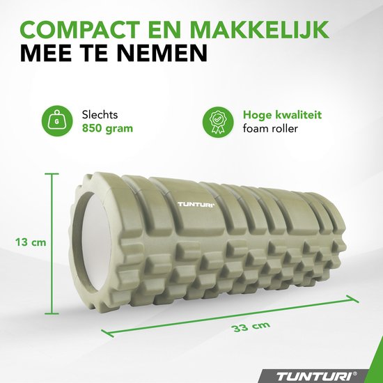 Rouleau en mousse Tunturi Yoga Grid - Rouleau de massage - Rouleau en mousse - Rouleau de fitness - Vert militaire - 33 cm - Application de fitness gratuite incluse