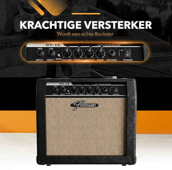 Guitare électrique Finesse avec ampli - avec cours vidéo - TE Guitare - Adultes - Enfants - Noir