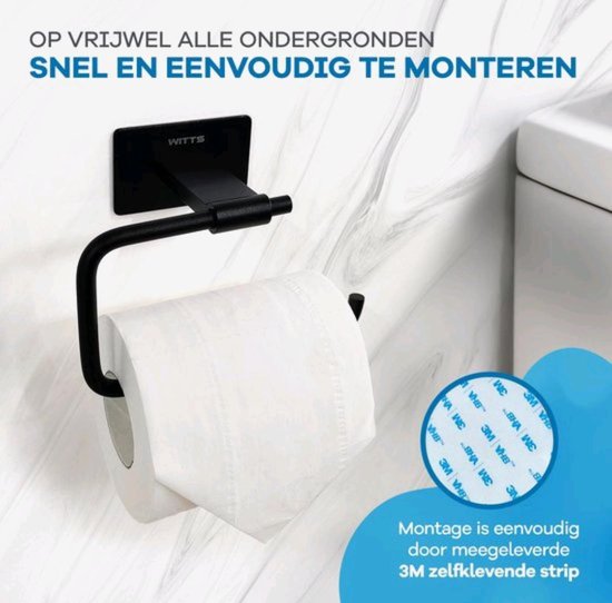 WITTS Porte-rouleau de papier toilette - Autocollant / Sans perçage - Porte-rouleau de papier toilette - Noir