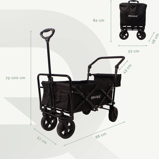 BRASQ Bolderkar WC200 de luxe pliable - Capacité 108L - Avec barre de poussée - Léger - Capacité de charge jusqu'à 100 kg - 2 sacs de rangement inclus - Noir