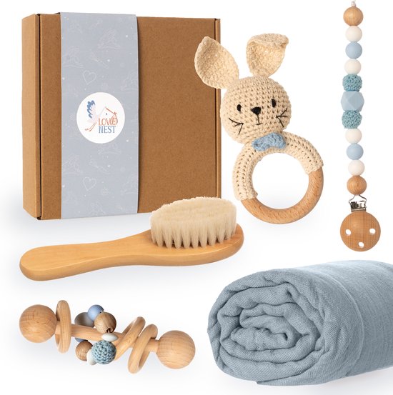 Cadeau Nid d'Amour Garçon / Fille - Cadeau Bébé Babyshower - Anneau de dentition, ficelle de sucette et tissu de sucette - Panier Cadeau avec Cadeaux Nouveau-né