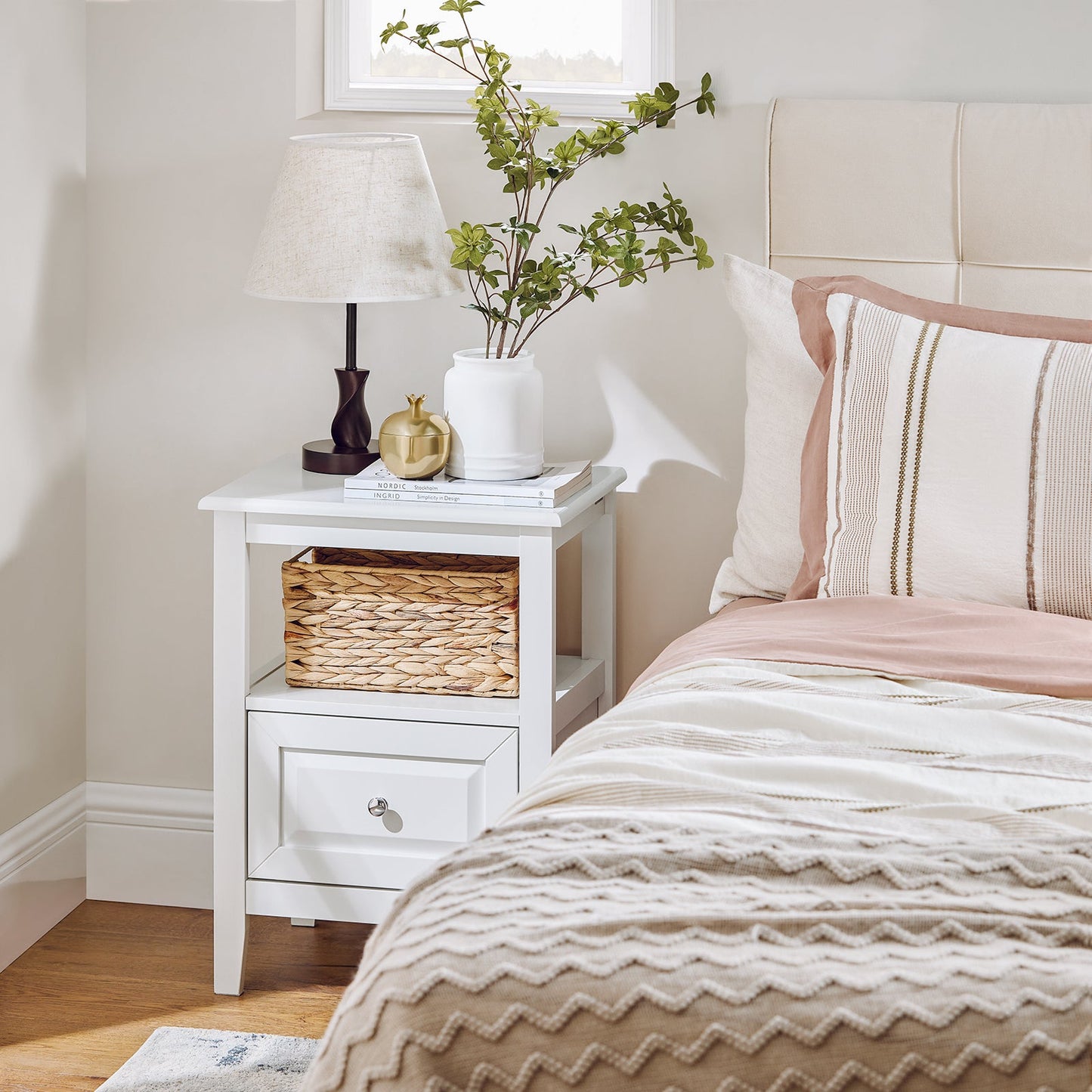 SoBuy Table d'appoint - Avec porte et tiroir - max 50 kg - 45 x 35 x 60 cm - Blanc