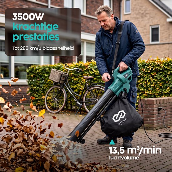 Souffleur et aspirateur électrique Infinity Goods - 3 500 W - Fonction de broyage - Sac de ramassage de 45 L - Avec fil - Vitesse de l'air de 280 km/h